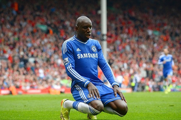Chelsea striker Demba Ba celebrates a goal by making salat.