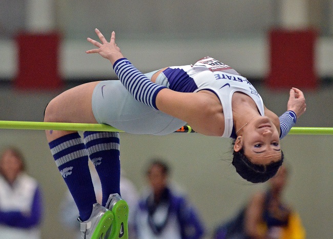 Siba jumps at the Big 12 Indoor Championship in February. (Photo: K-State Athletics)