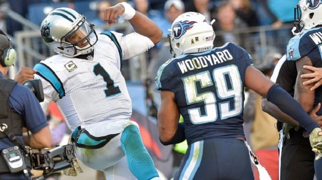 Cam Newton (#1) aggravates the Tennessee Titans.