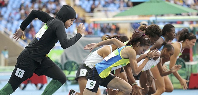 Kariman Abuljadayel of Saudi Arabia (far left) competes in the 100-meter dash in Rio.